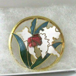 Vintage Cloisonné Round Floral Flower Brooch, Pin Gold Plated